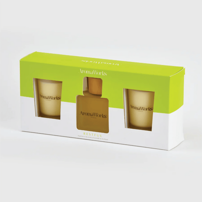 Aromaworks RESTFUL Gift Set( Lavender & Ho Wood 2x10cl Candle &100ml Reed Diffuser