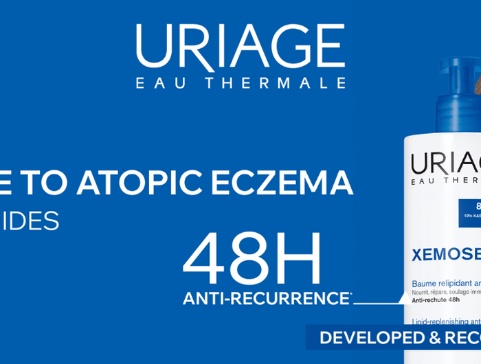 Uriage skincare product advertisement with a woman and child, featuring blue and white color scheme.